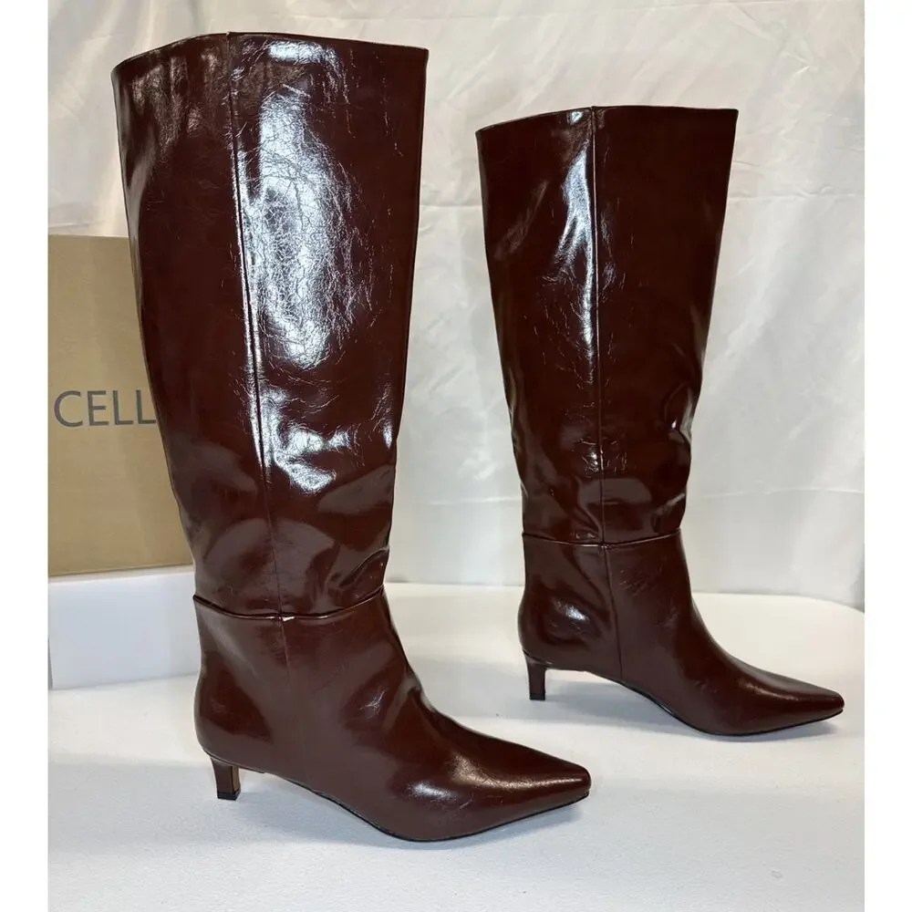 CELLENZ Faux Leather Knee High Boots Pointed Toe Low Kitten Heel Brown Size 8.5